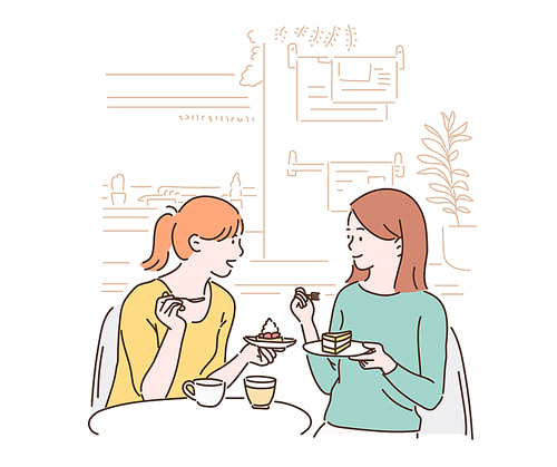 두 친구가 카페에 앉아 케이크를 먹으며 수다를 떨고 있다. 손그림 스타일 일러스트레이션.
