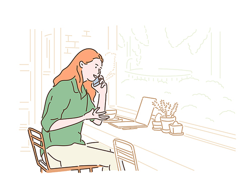 한 여성이 카페에 앉아 전화통화를 하고 잇다. 손그림 스타일 일러스트레이션.