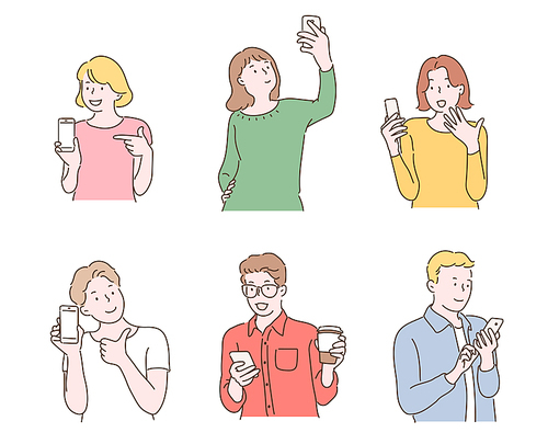 휴대전화를 사용하는 사람들 캐릭터 모음. 손그림 스타일 일러스트레이션.