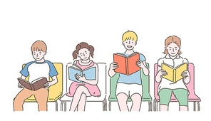 의자에 앉아서 책을 읽고 있는 아이들. 손그림 스타일 일러스트레이션.