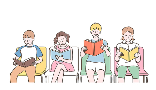 의자에 앉아서 책을 읽고 있는 아이들. 손그림 스타일 일러스트레이션.