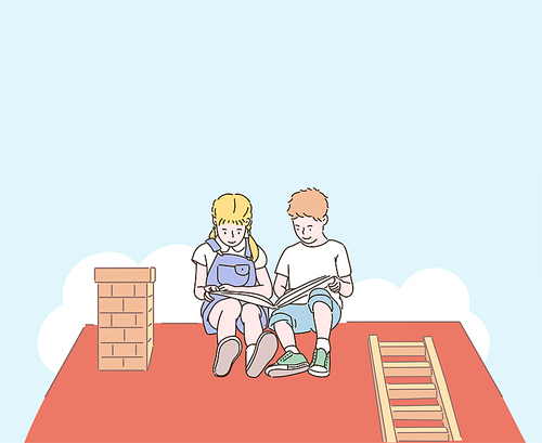 귀여운 아이들이 지붕위에서 함께 책을 읽고 있다. 손그림 스타일 일러스트레이션.