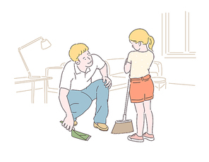 아빠와 아이가 함께 청소를 하고 있다. 손그림 스타일 일러스트레이션.
