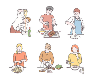 요리를 하고 있는 사람들 캐릭터. 손그림 스타일 일러스트레이션.