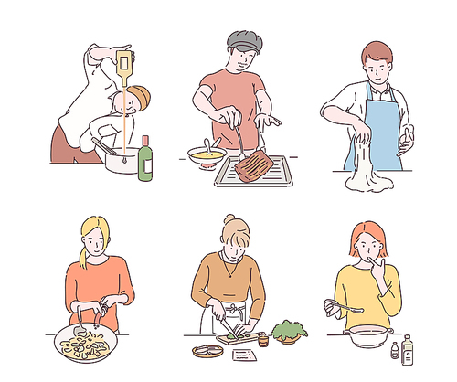 요리를 하고 있는 사람들 캐릭터. 손그림 스타일 일러스트레이션.