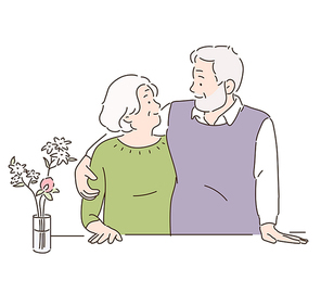 노년의 커플이 다정하게 서로를 안아주고 있다. 손그림 스타일 일러스트레이션.