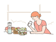 한 여성이 물을 마시고 있고 테이블에 신선한 샐러드가 놓여있다. 손그림 스타일 일러스트레이션.