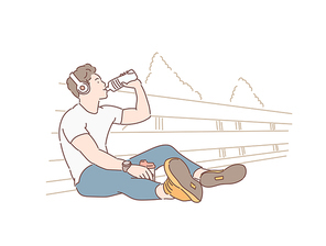 조깅을 하던 남자가 음악을 들으며 물을 마시며 쉬고 있다. 손그림 스타일 일러스트레이션.