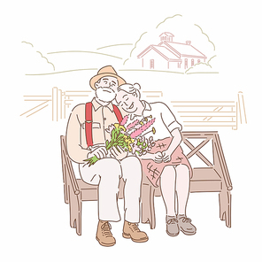 다정한 노인커플. 손그림 스타일 일러스트레이션.