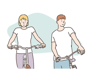 자전거를 타는 두사람. 손그림 스타일 일러스트레이션.