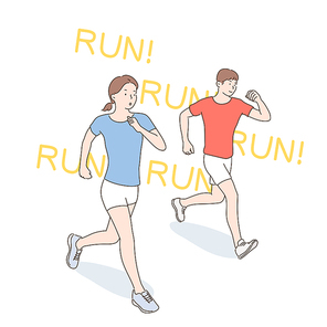 달리고 있는 남자와 여자. 손그림 스타일 일러스트레이션.