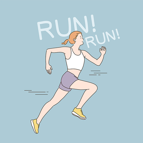달리기를 하는 여성 캐릭터. 손그림 스타일 일러스트레이션.