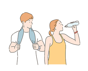 운동후 물을 마시는 여성과 수건을 쥐고 있는 남자. 손그림 스타일 일러스트레이션.