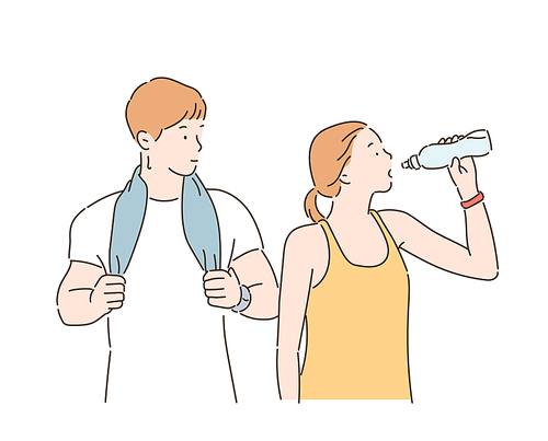 운동후 물을 마시는 여성과 수건을 쥐고 있는 남자. 손그림 스타일 일러스트레이션.
