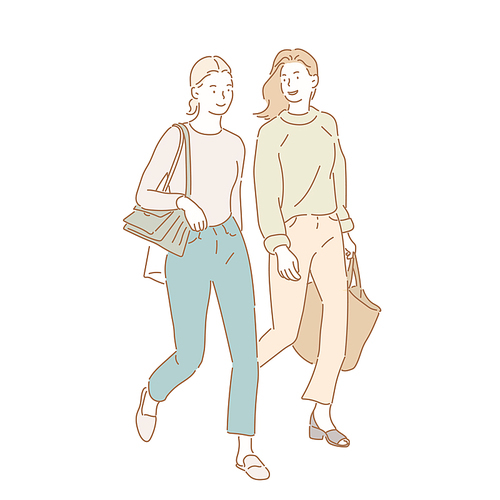 길을 걸어가는 두 여성. 손그림 스타일 일러스트레이션.
