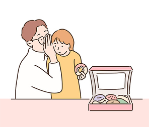 아빠가 도넛을 먹으려는 아이의 귀에 귓속말을 하고 있다. 손그림 스타일 일러스트레이션.