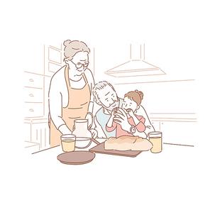 할머니 할아버지가 손녀에게 빵을 먹이고 있다. 손그림 스타일 일러스트레이션.