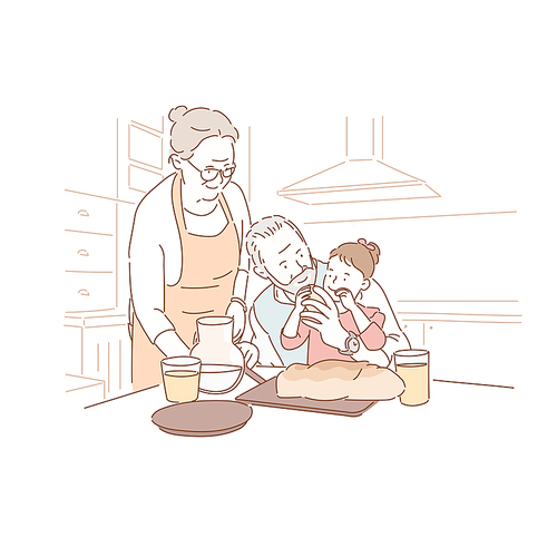 할머니 할아버지가 손녀에게 빵을 먹이고 있다. 손그림 스타일 일러스트레이션.