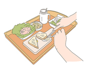 포크와 칼을 들고 음식을 먹는 손. 손그림 스타일 일러스트레이션.