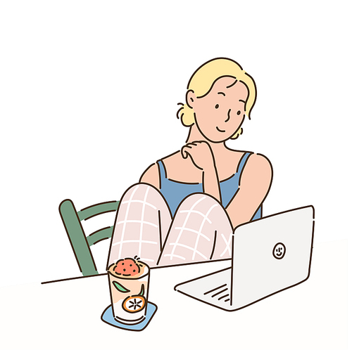 한 여성이 편안한 자세로 노트북을 보고 있다. 손그림 스타일 일러스트레이션.