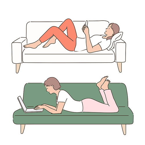 두 여성이 소파에 편안하게 누워있다. 손그림 스타일 일러스트레이션.