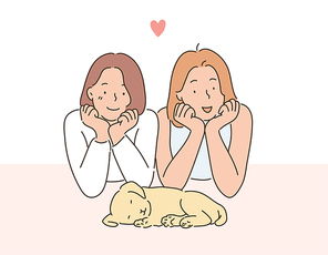 두 여성이 턱을 괴고 강아지를 보고 있다. 손그림 스타일 일러스트레이션.