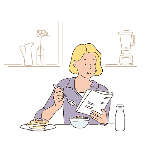 한 여성이 서류를 보며 간단한 아침식사를 하고 있다. 손그림 스타일 일러스트레이션.