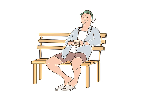 한 노인이 벤치에 무료하게 앉아있다. 손그림 스타일 일러스트레이션.