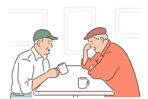 두 노인이 카페에 앉아 커피를 마시고 있다. 손그림 스타일 일러스트레이션.