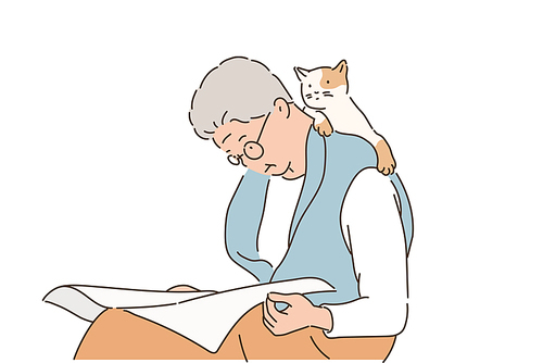 할 노인이 신문을 보고 있고 고양이가 등위에 올라가 있다. 손그림 스타일 일러스트레이션.