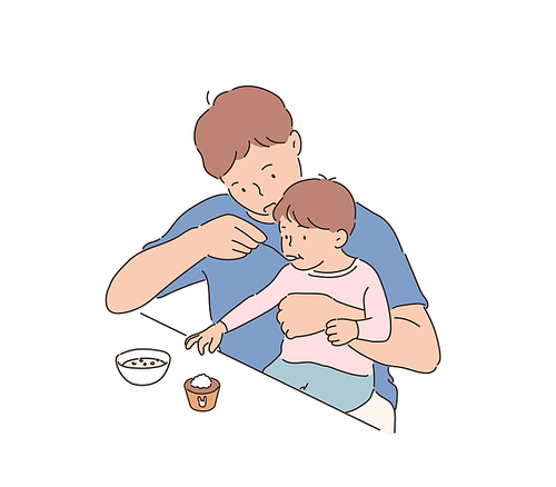 아빠가 아이를 무릎에 올리고 밥을 먹이고 있다. 손그림 스타일 일러스트레이션.