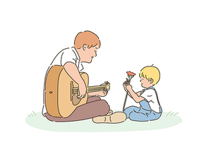 아빠가 아들에게 기타를 들려주고 있다. 손그림 스타일 일러스트레이션.