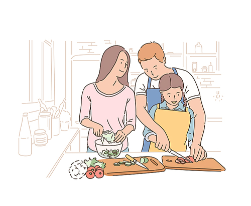 함께 요리를 하며 즐거운 3명의 가족 모습. 손그림 스타일 일러스트레이션.
