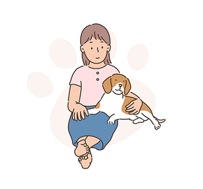 귀여운 여자아이가 비글 개와 함께 앉아있다. 손그림 스타일 일러스트레이션.