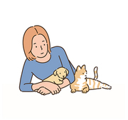 한 여성이 강아지를 품에 안고있고 그옆에 고양이가 앉아있다. 손그림 스타일 일러스트레이션.