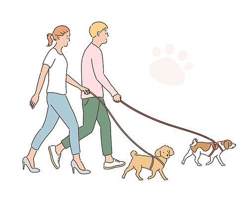 강아지를 산책 시키는 사람들. 손그림 스타일 일러스트레이션.