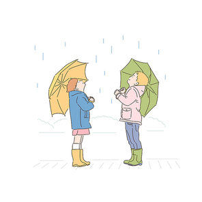 우산을 쓰고 하늘을 올려다 보고 있는 두 아이. 손그림 스타일 일러스트레이션.