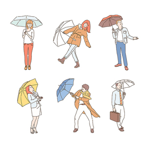 우산을 들고 있는 사람들 캐릭터. 손그림 스타일 일러스트레이션.