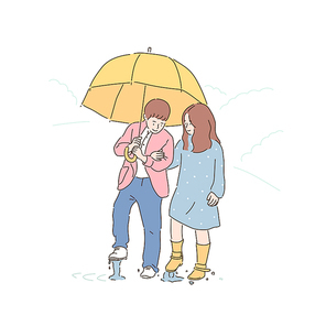 함께 우산을 쓰고 걸어가는 다정한 두 아이. 손그림 스타일 일러스트레이션.