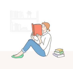 바닥에 앉아 책을 읽고 있는 여성. 손그림 스타일 일러스트레이션.