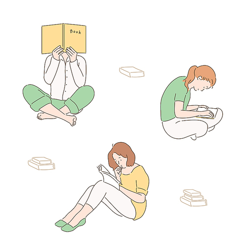 바닥에 앉아 책을 읽는 사람들. 손그림 스타일 일러스트레이션.