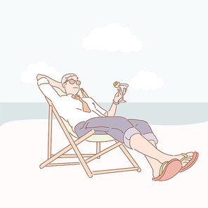 비즈니스맨이 해변의자에 앉아 칵테일을 마시며 휴식하고 있는 상상을 하고 있다. 손그림 스타일 일러스트레이션.