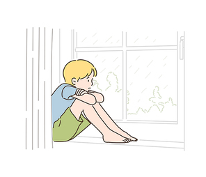 한 소년이 창가에 앉아 비오는 창밖을 보고 있다. 손그림 스타일 일러스트레이션.