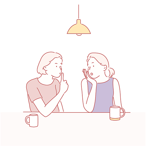 두 명의 여자들이 카페에 앉아 비밀 얘기를 하고 있다. 손그림 스타일 일러스트레이션.