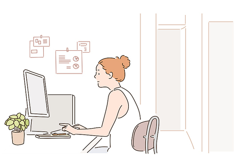 한 여성이 컴퓨터로 작업을 하고 있다. 손그림 스타일 일러스트레이션.