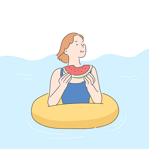 한 소녀가 바닷가에서 튜브를 타고 수박을 먹고 있다. 손그림 스타일 일러스트레이션.