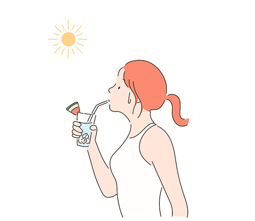 한 소녀가 더운여름 얼음물을 마시고 있다. 손그림 스타일 일러스트레이션.