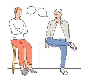 두 남자가 의자에 앉아서 대화를 하고 있다. 손그림 스타일 일러스트레이션.