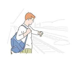 기차역에 서서 손목시계를 보는 남자. 손그림 스타일 일러스트레이션.