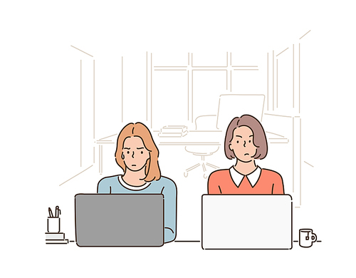 두 여성이 노트북을 펴고 서로를 곁눈질 하고 있다. 손그림 스타일 일러스트레이션.